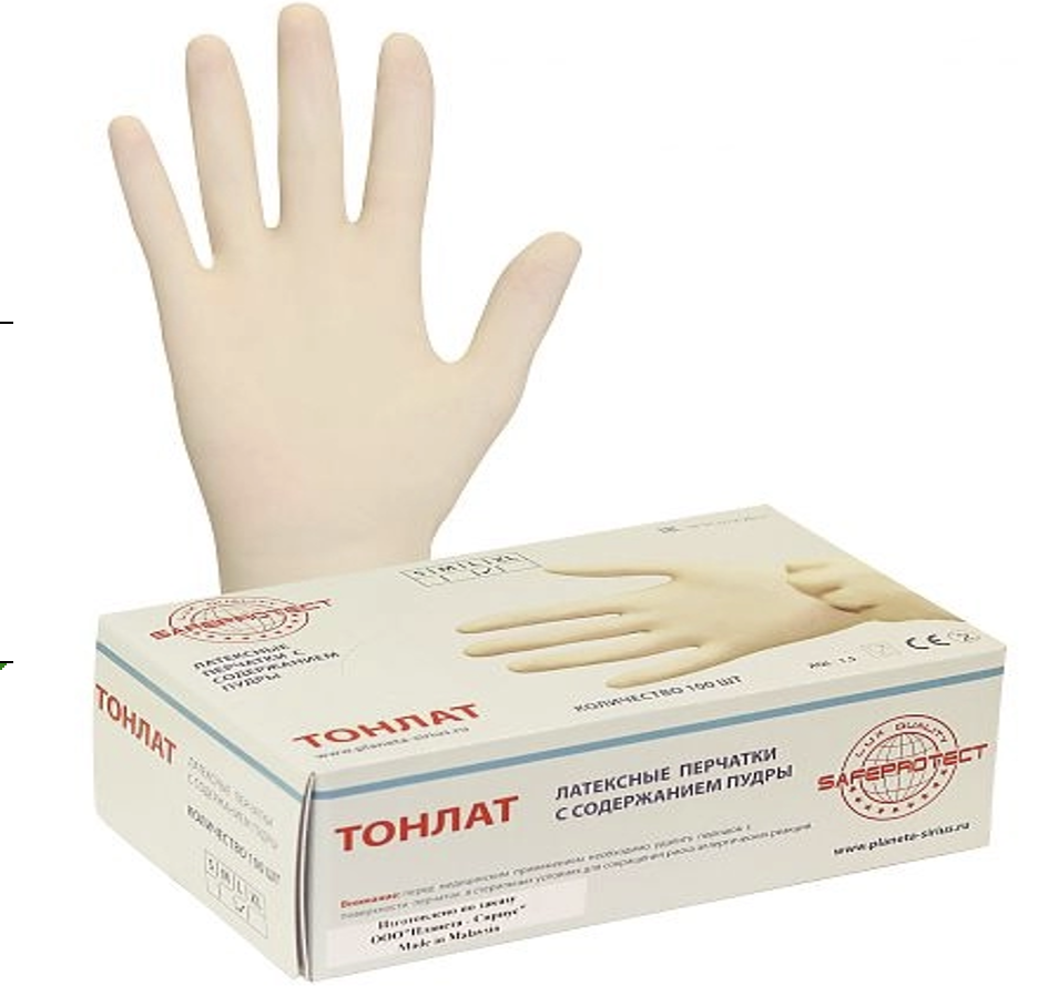 Перчатки "ТонЛат" (латекс, пудра, бесцв.,толщ.0,12мм,дл.245мм.) р.S,M,L